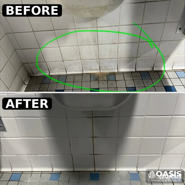Before and after cleaning of bathroom wall and floor tiles by Oasis Total Solutions