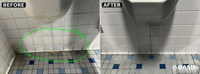 Commercial floor before and after cleaning—stain removal and high-gloss finish