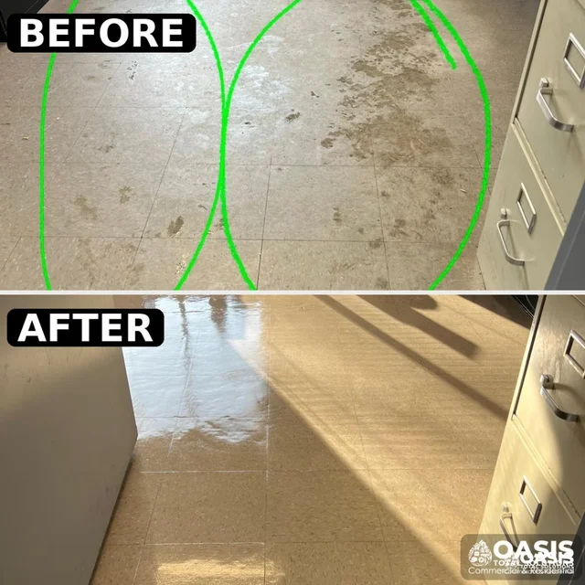 Dirty office floor next to same floor clean and reflective after professional cleaning