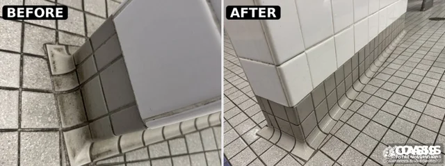 Before and after tile and grout cleaning in commercial restroom