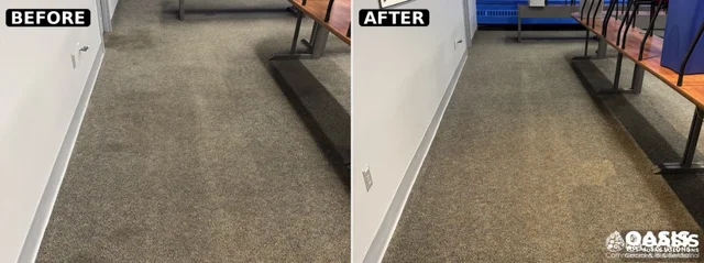 Tiled floor and wall corner before and after deep cleaning