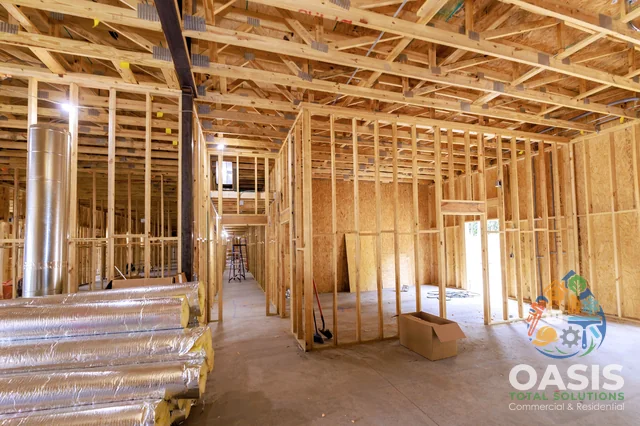 Large commercial space—wood stud framing underway