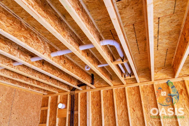Ceiling joists with PVC drain line rough-in
