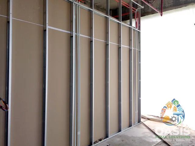 Metal stud partition with gypsum boards and MEP rough-ins
