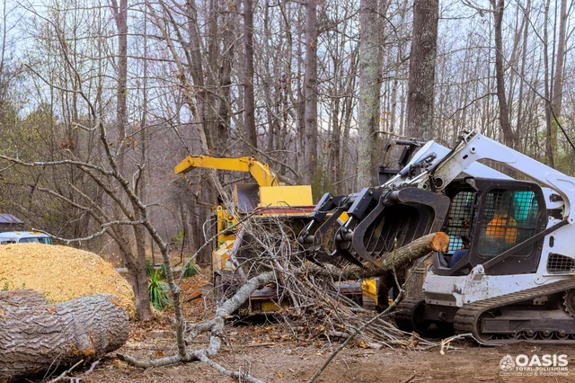 Skid steer feeding limbs into wood chipper