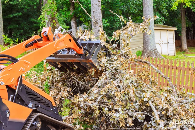 Compact loader clearing branches and debris