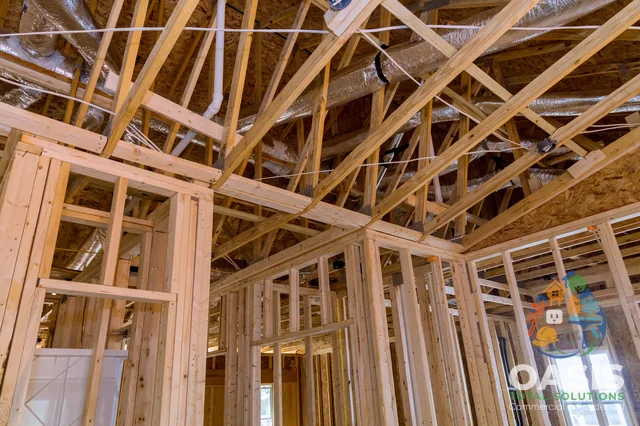 Roof trusses, ductwork, and framing in progress