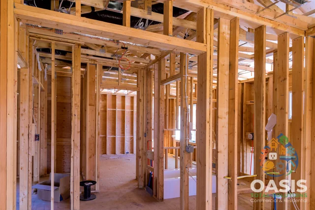 Interior wall framing with rough electrical and plumbing