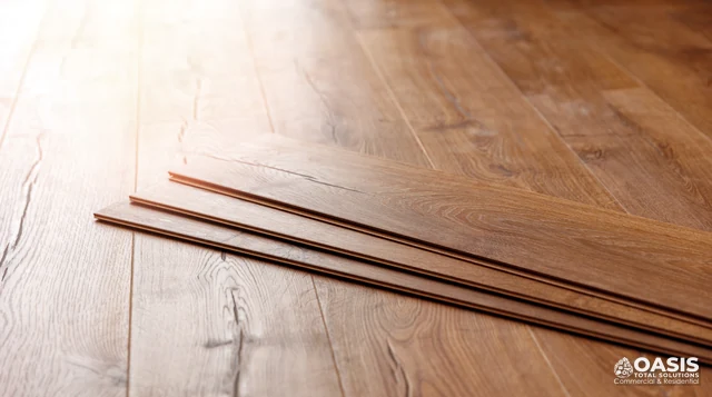 Engineered wood planks staged for flooring