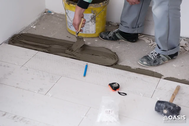Applying thinset mortar for wood-look tile