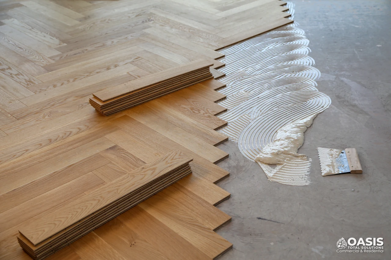 Herringbone flooring installation documented by Oasis