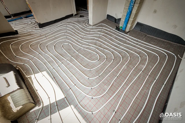 Hydronic radiant floor heating (PEX) laid out on grid