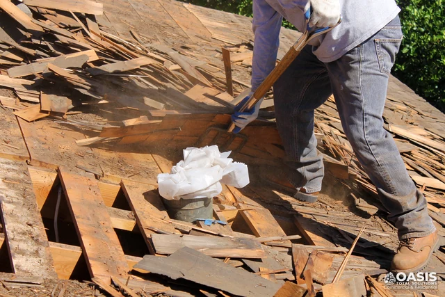 Roof tear-off during re-roofing project