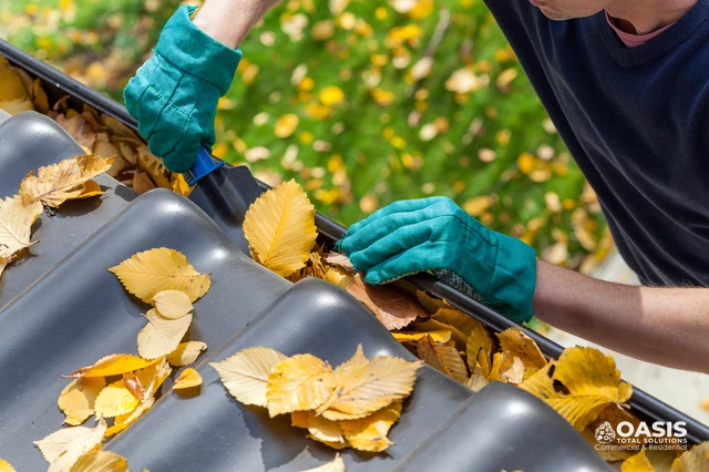 Technician removing leaves from a residential gutter