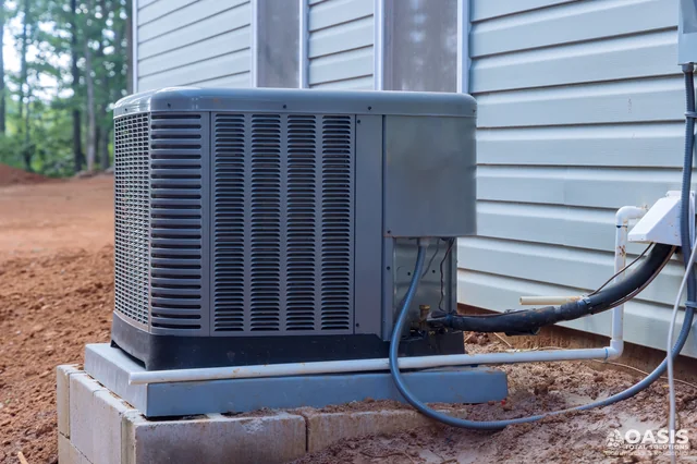 Outdoor AC condenser on block base