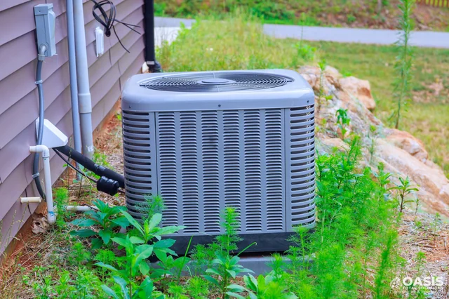 Outdoor AC condenser among vegetation