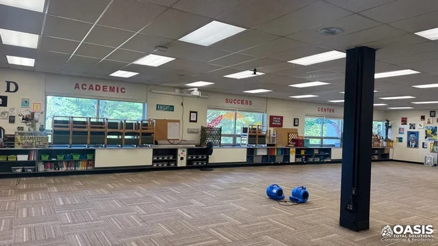 Classroom carpet tiles drying after extraction