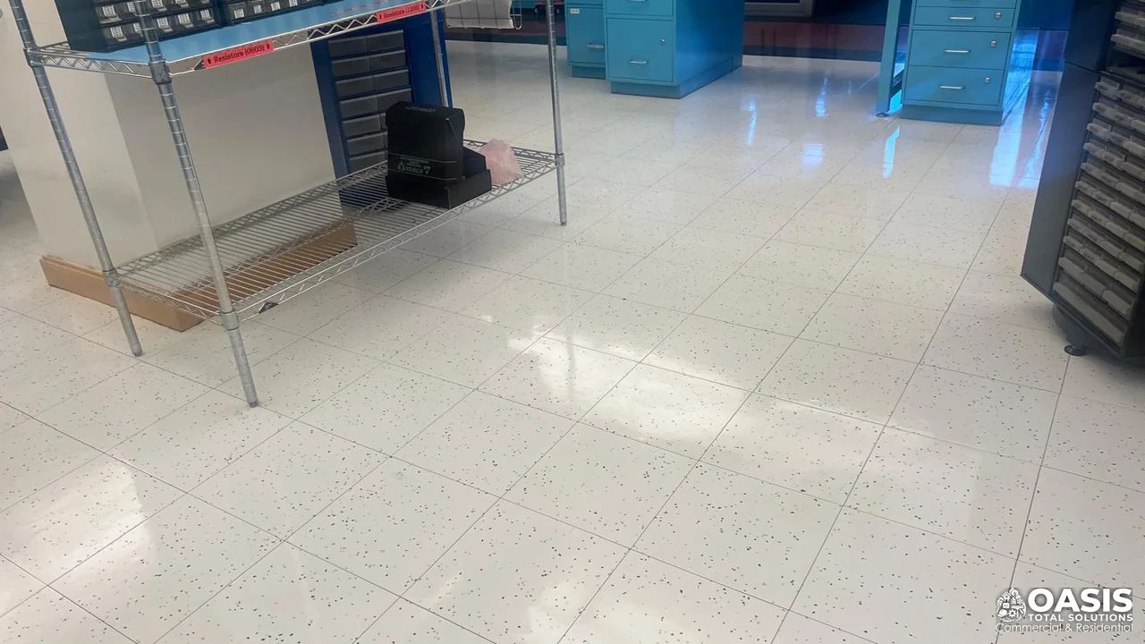 Floor-care workflow in a bright commercial interior space
