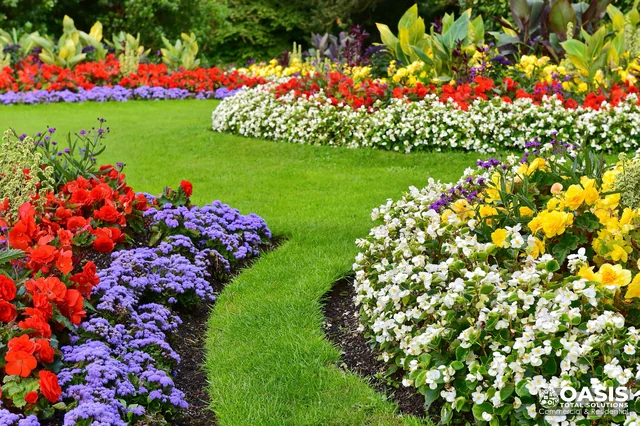 Curved flower beds with seasonal color