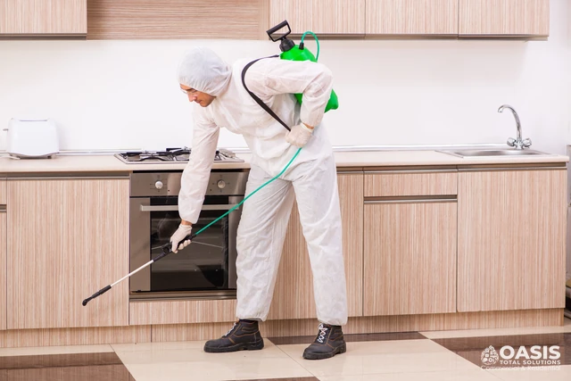 Technician in protective suit performing indoor pest treatment