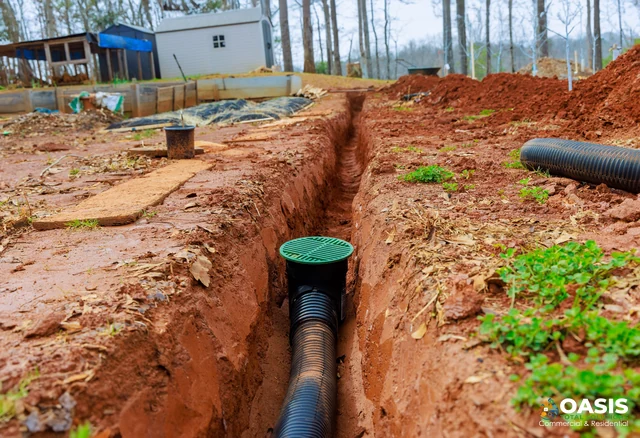 Catch basin installed in exterior drainage trench