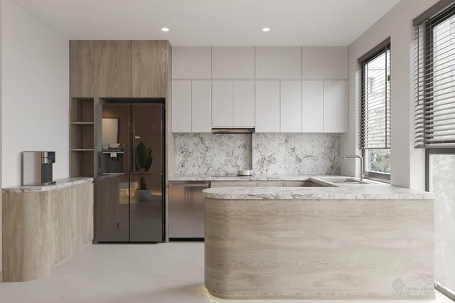 Modern kitchen featuring warm wood textures and rounded island