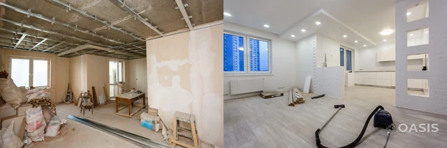 Side-by-side comparison showing apartment before and after renovation