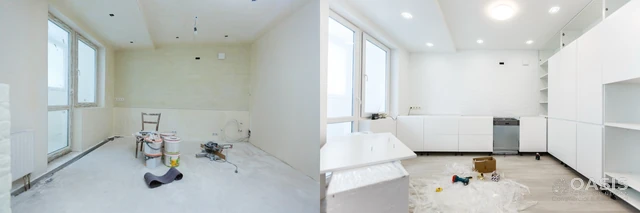 Before and after view of kitchen space during remodel