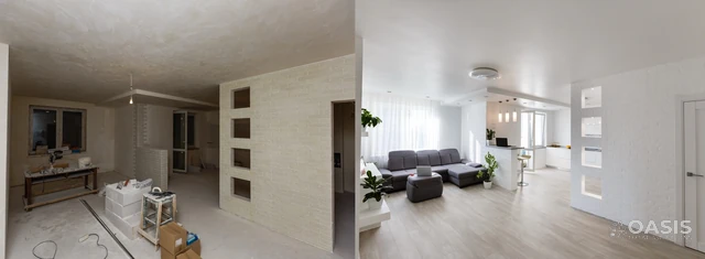 Before-and-after collage of open living space renovation