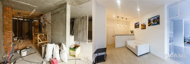 Before-and-after collage of commercial interior remodel