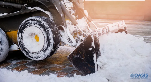 Skid-steer bucket pushing snow on a paved surface