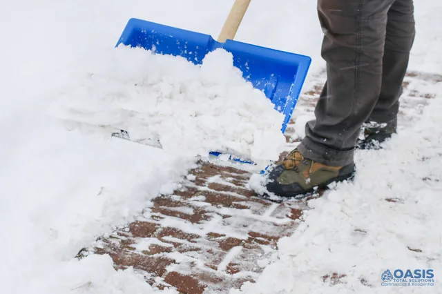 Blue shovel lifting snow from a brick walkway